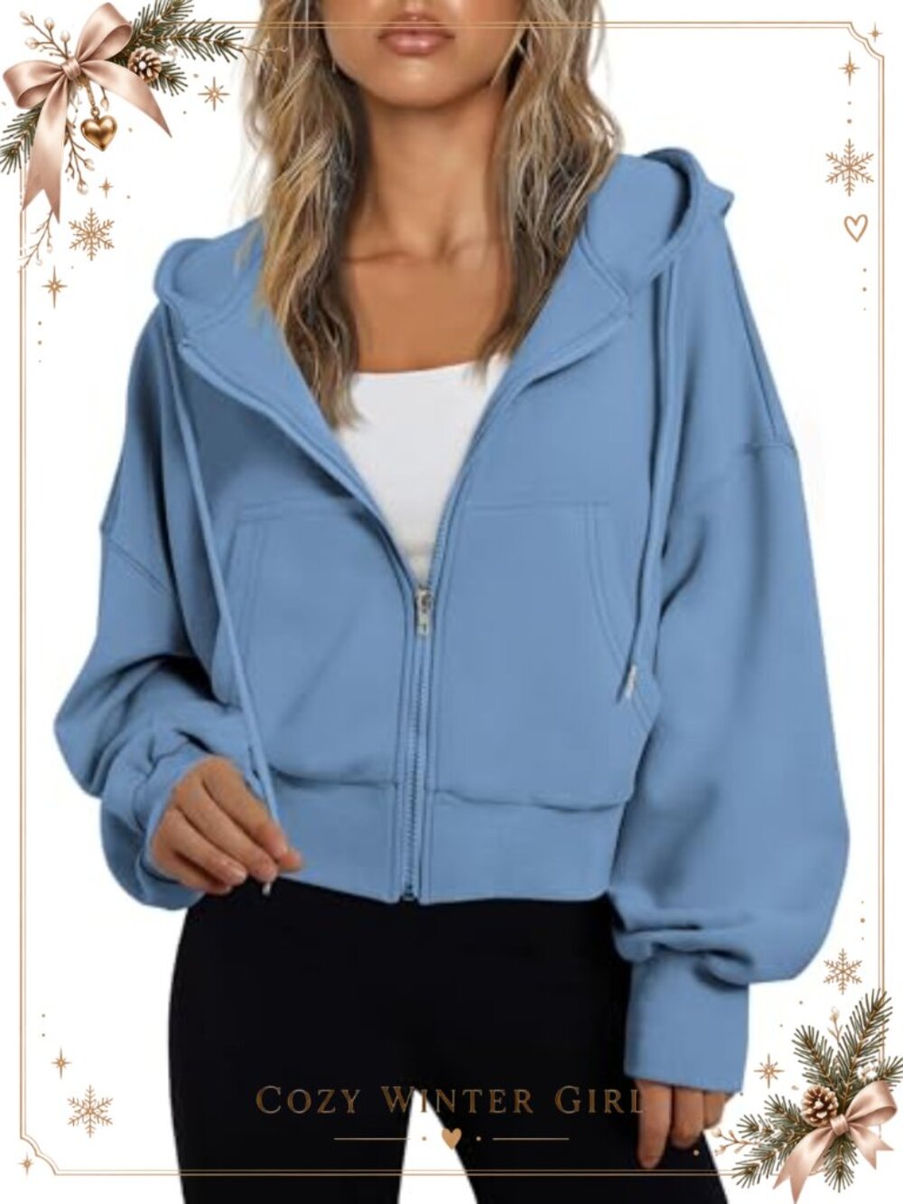 Oversized Cropped Zip Up Hoodie Drop Shoulder Pockets Sweatshirt